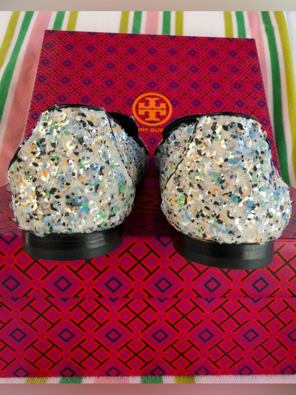 Tory Burch Ballet Mirror Sequin Navy Leather Trim Loafers US 8.5 Box NEW - Picture 8 of 14